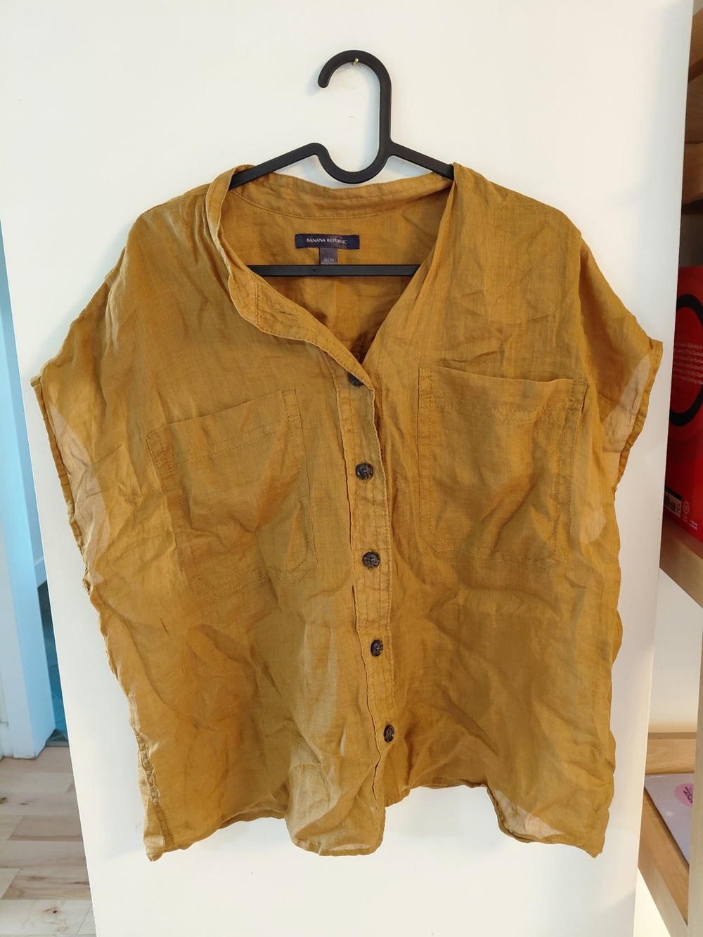 Banana Republic Mustard Short-Sleeve Button-Down Linen Top
